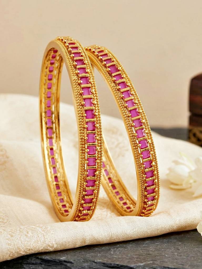 Gold Plated Temple Style Magenta Stone Bangle For Women | Elegant Ethnic Wedding Festive Kada Jewellery : 945-C1BG-2212-2-24