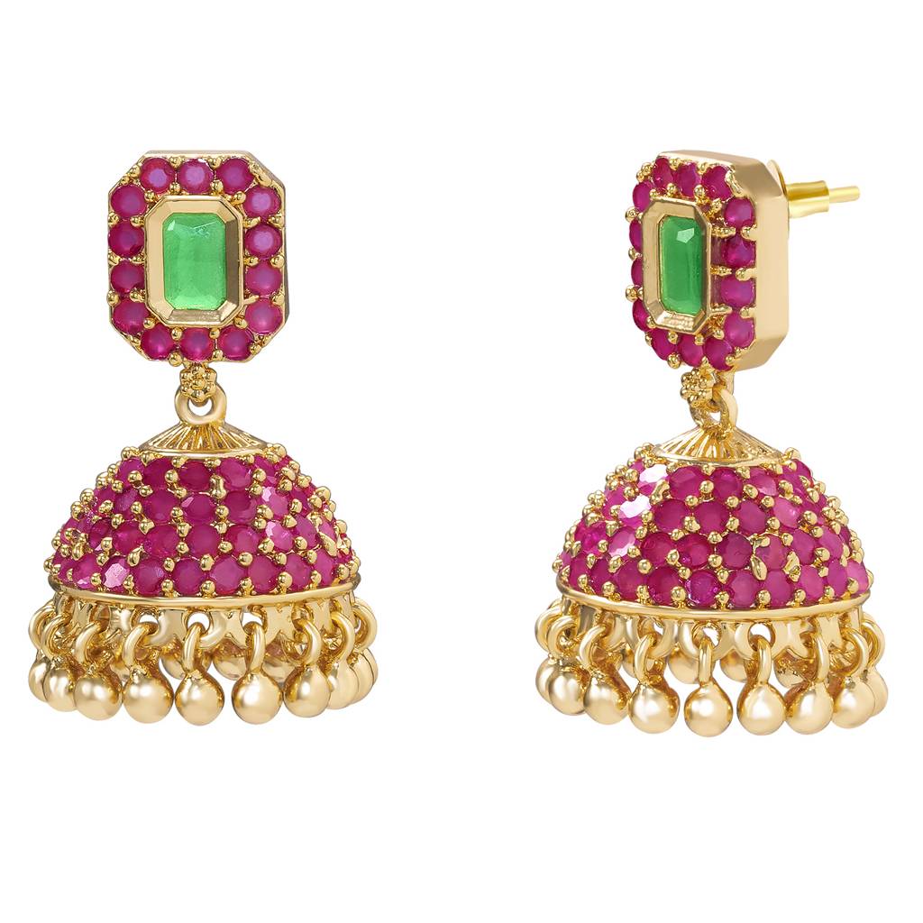 Ethnic Beads Layered Long Mala Necklace Earrings Set For Womengold Plated Faux Ruby Emerald & Pearl Traditional F : PF10ML27RG