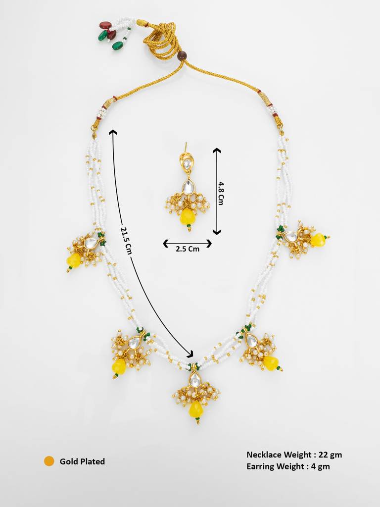 Gold Plated Pearl Beaded Yellow Stone Designer Traditional Necklace Set For Women : NK4710
