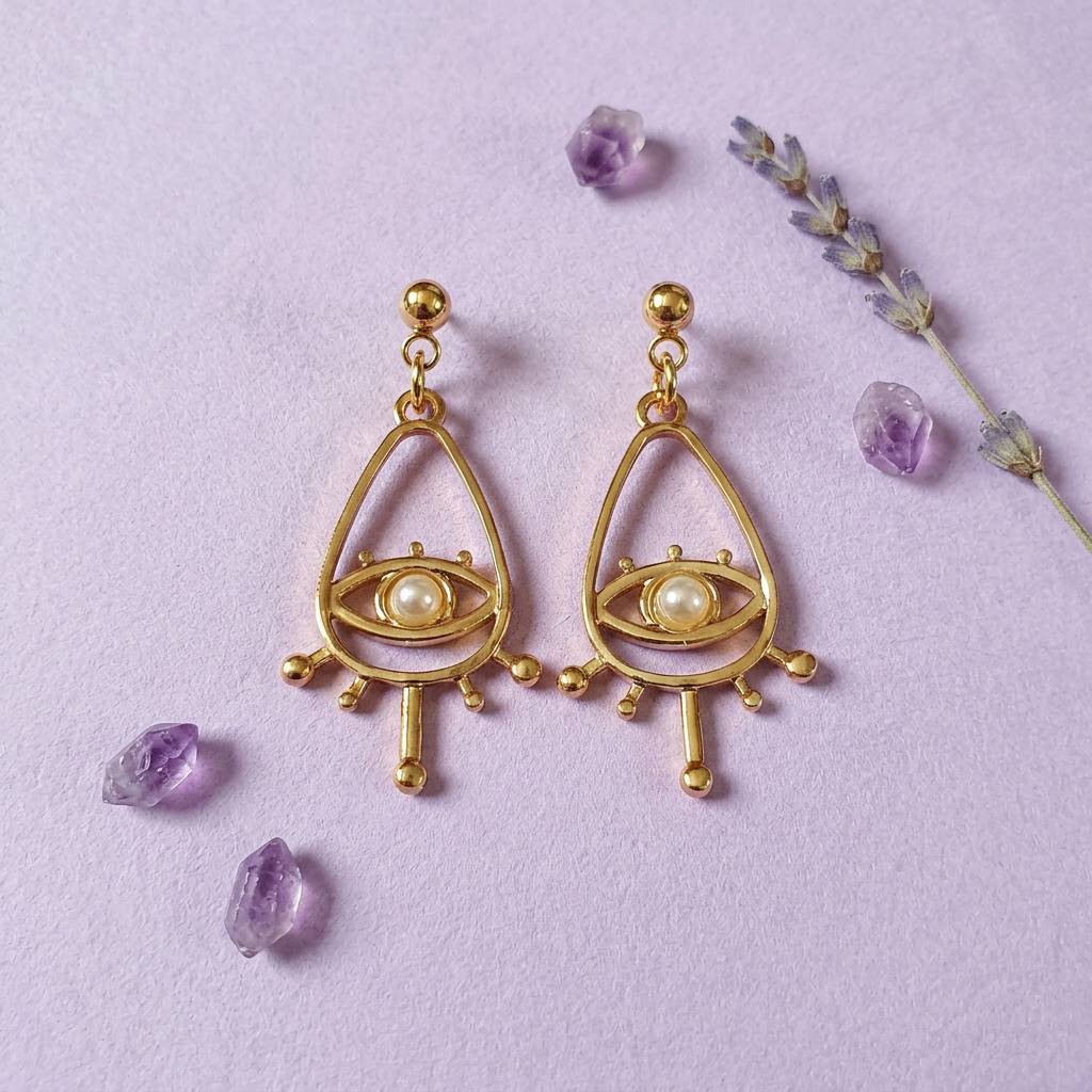 Gold Tone Evil Eye Drop Earrings For Women & Girls : HCE-649-A8292