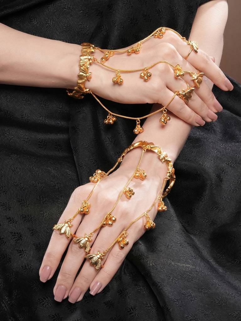 Set Of 2 22K Gold Plated Honey Bee Ghungroo Multi Chain Hand Harness Adjustable Cuff Bracelet Hathphool : SJHP3005