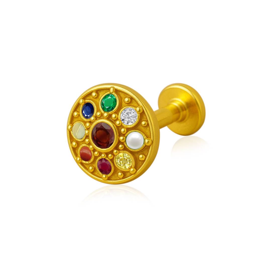 Navratna Round Mandala Multigems Nose Pin 925 Sterling Silver Gold Plated : 0005-NP-snp-0057