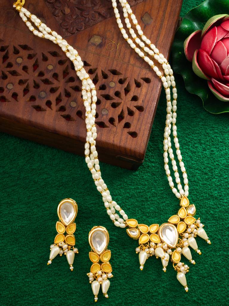 Gold Plated Kundan & Pearl Layered White Necklace Set With Earrings : NK4747