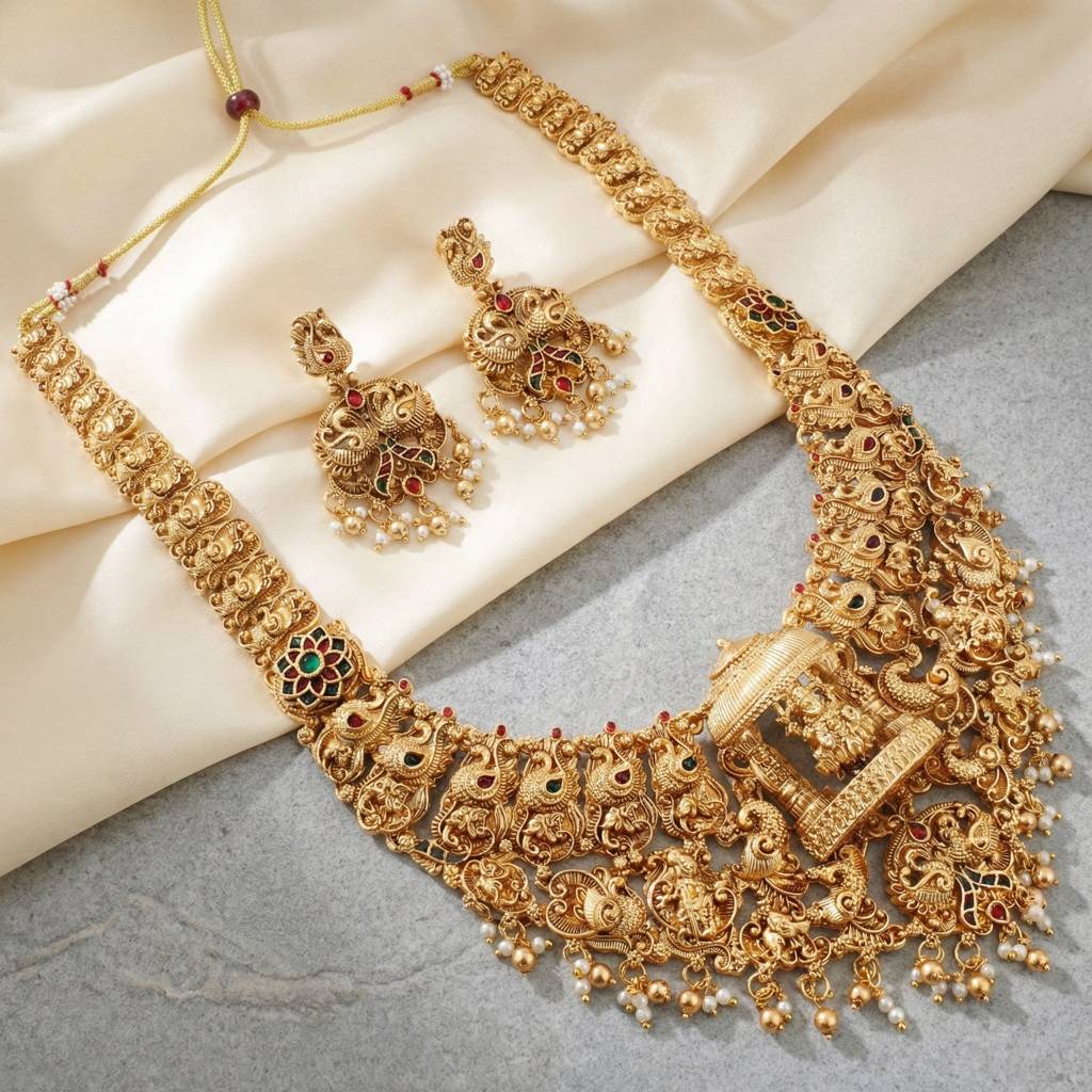 Antique Gold Plated South Indian Temple Jewelry Layered Set | Goddess Lakshmi Choker & Long Necklace With M : 3317-ISR-2184-RG