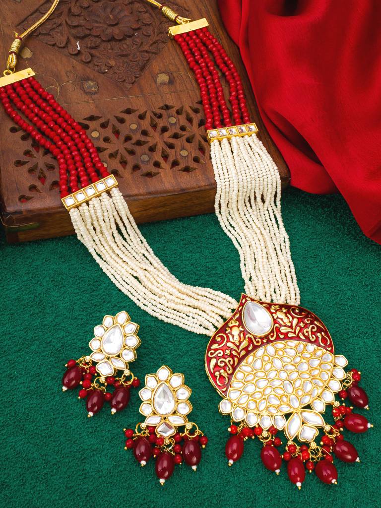Red Kundan Meenakari Long Necklace Set With Cream Pearl Beads And Ruby Drop Earrings For Wedding Special : NK4094