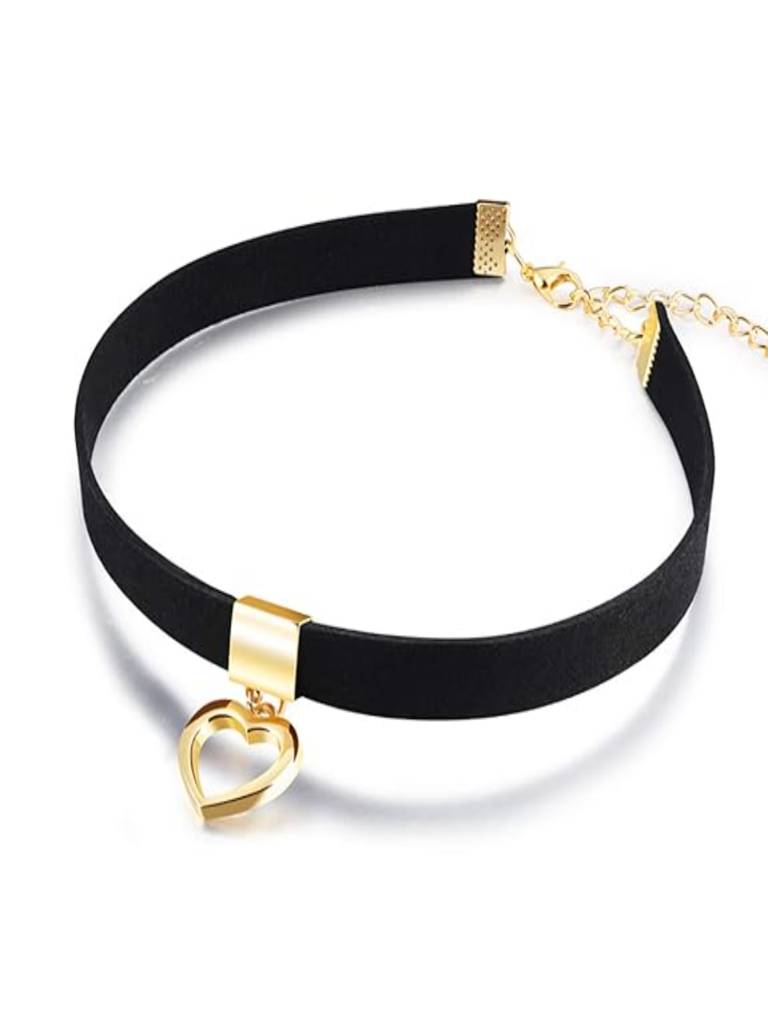 Black Faux Leather With Metal Heart Pendant Choker Necklace : ASK0121N008
