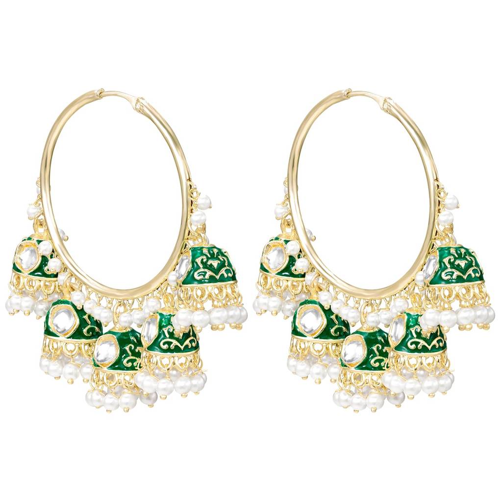 Gold Plated Green Ethnic Hoop Jhumka Style Earrings For Women : PF09E648GW
