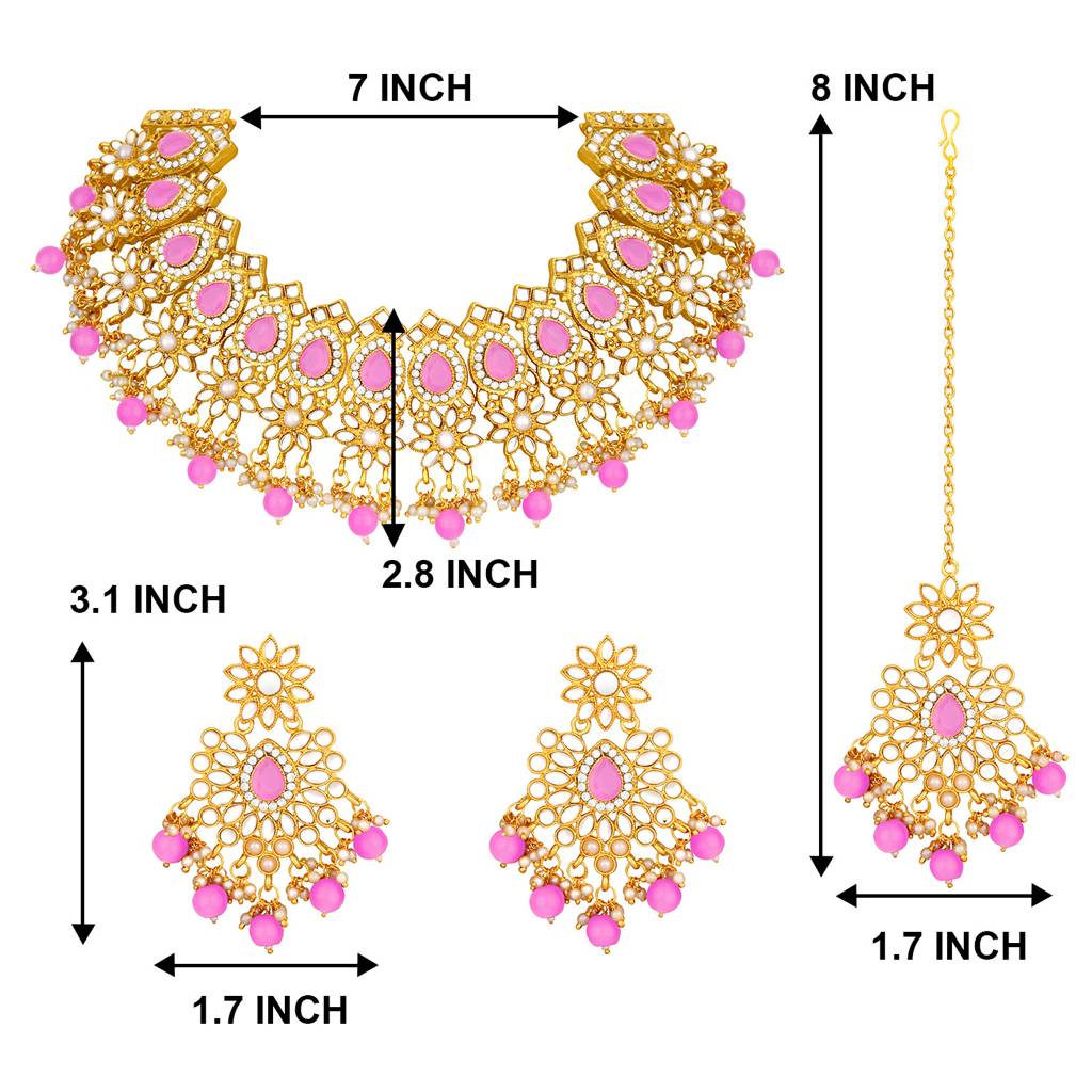 Peora Gold Plated Kundan Dangling Pearls Necklace Earring Maangtikka Jewellery Set For Women : PF28N126PK