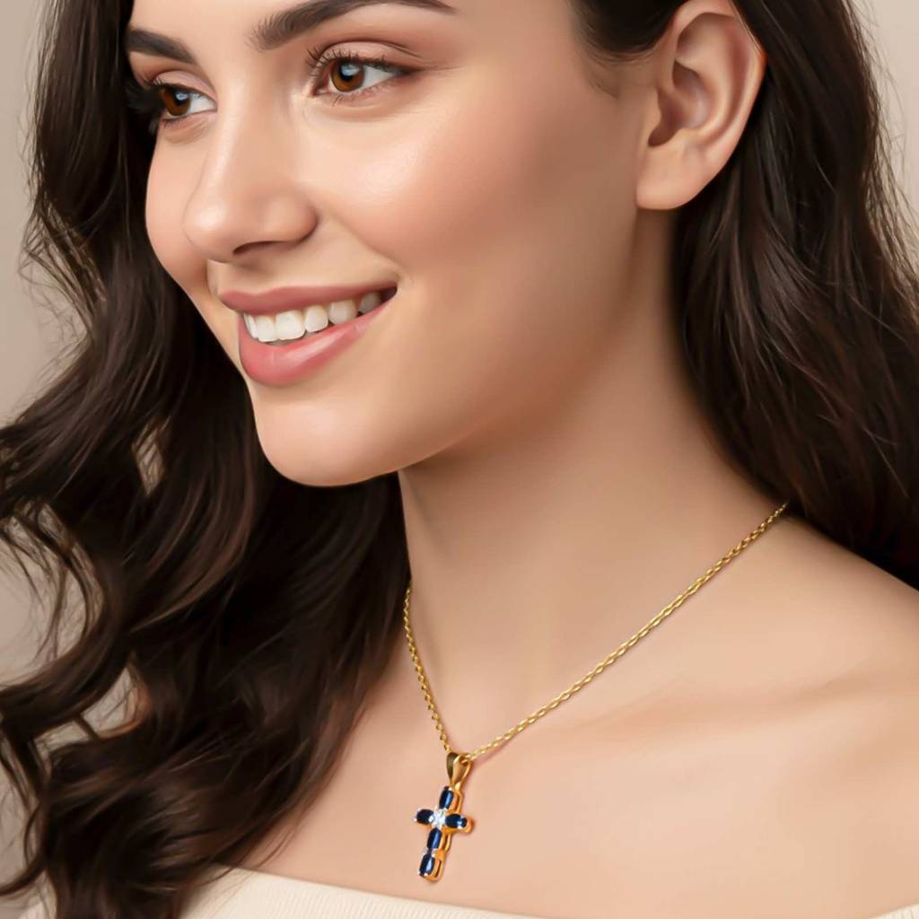 Silver Blue Sapphire Cross Pendant : ZLP-1167
