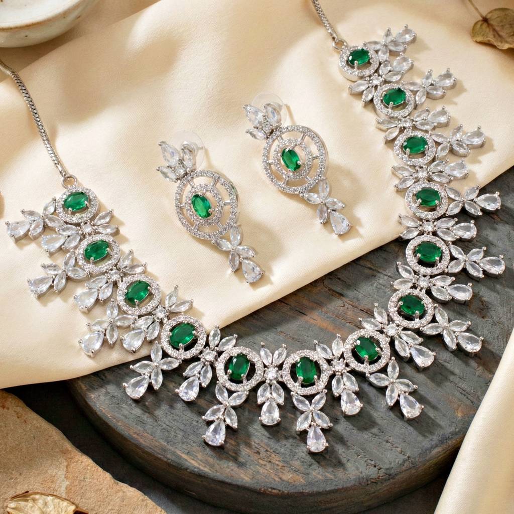 Silver-Tone American Diamond Necklace Set With Earrings For Women – Office, Party & Wedding Wear : 1717-K4SA-2242-G-S