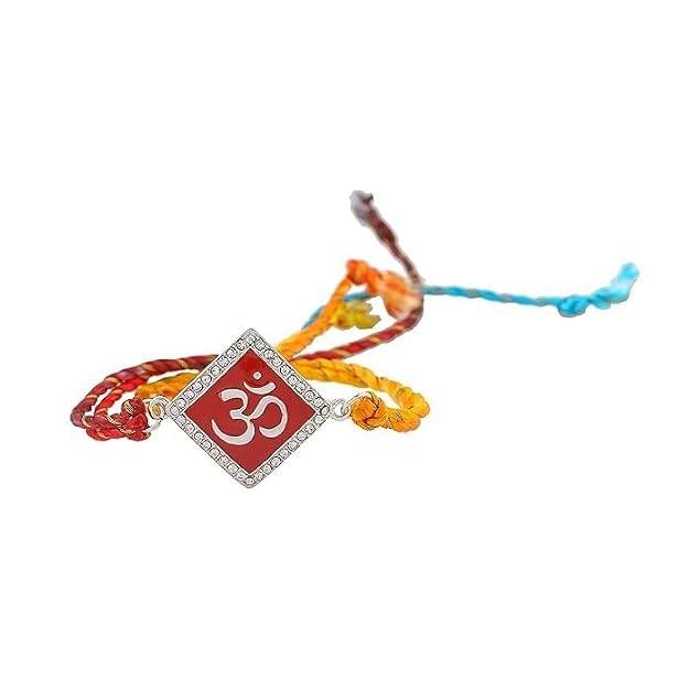 Rhodium Plated Divine Red Om Rakhi With Enamel & Austrian Crystals With Multi Colored Silk Thread : 171-IG-RAKHI