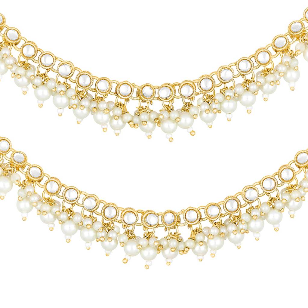 Gold Plated White Kundan Studded Earrings Chain Ethnic Stylish Fashion Hair Accessories Jewellery Gift For Women  : PF09EC004W