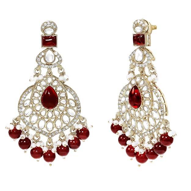Maroon Kundan Studded Earrings Maangtikka Finger Ring Set For Women : PF26ET02M