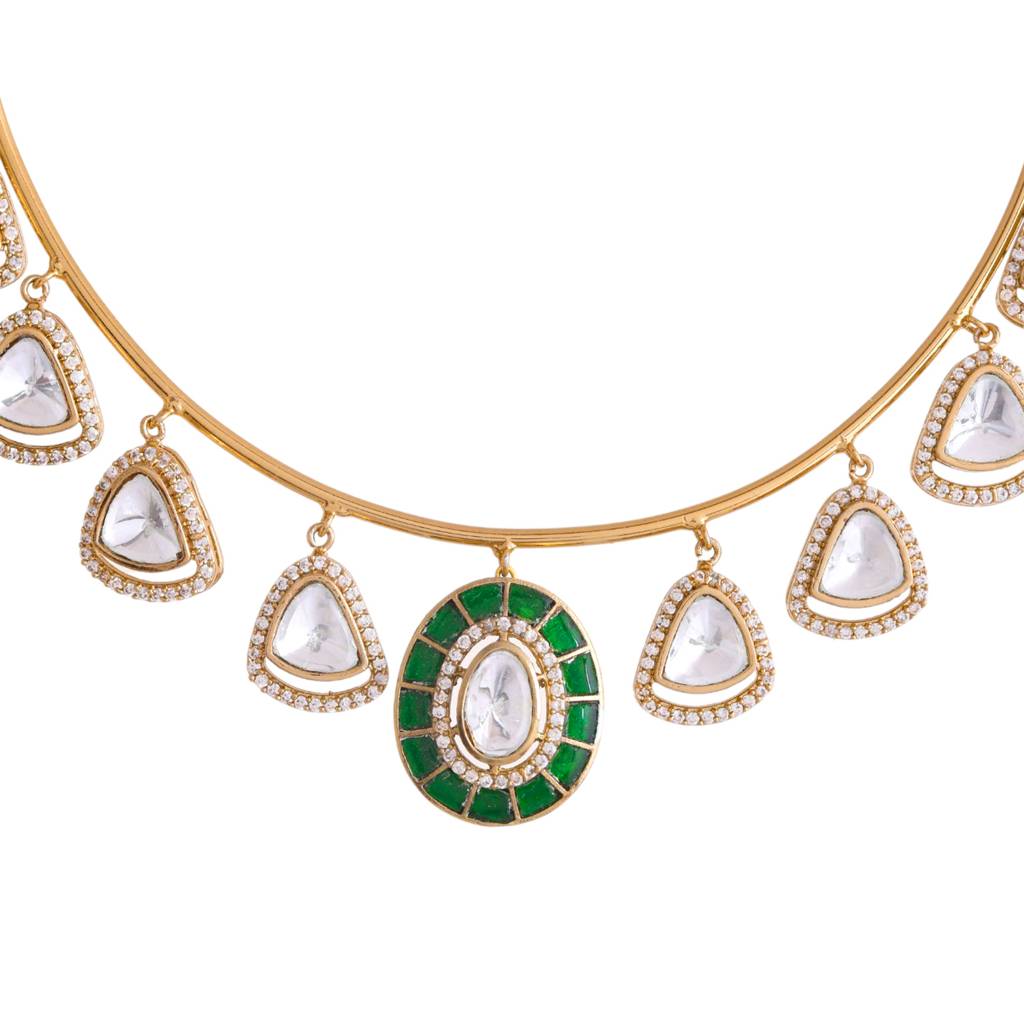Hasli Regal Radiance Green Kundan Embellished Golden Necklace Set : 8905124535464