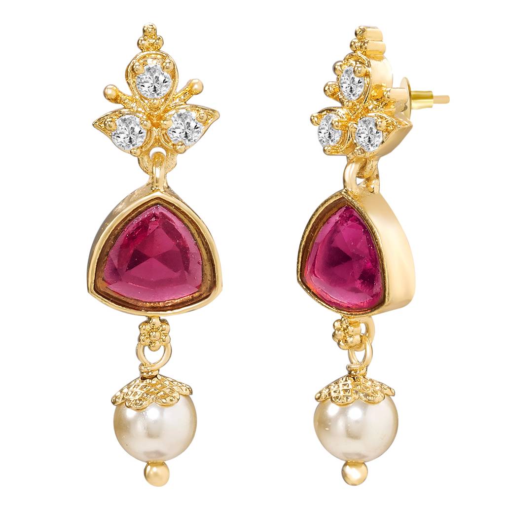 Ethnic Rani Pink Beads Necklace Earrings Set For Women & Girls Gold Plated Faux Ruby Pearl & Crystals Traditional  : PF10PS08R