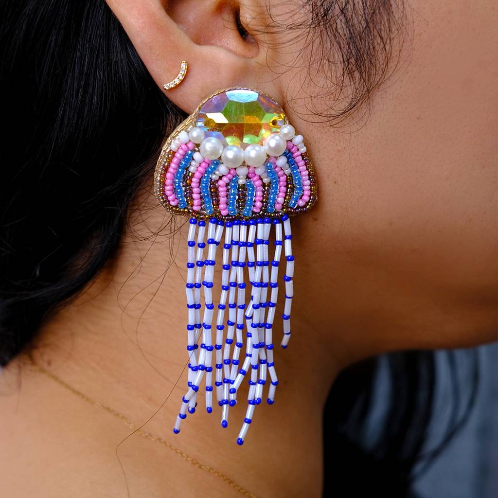 Blue, Pink & White Handmade Dangler Underwater Jelly Fish Themed Bead Earring : ERJF095