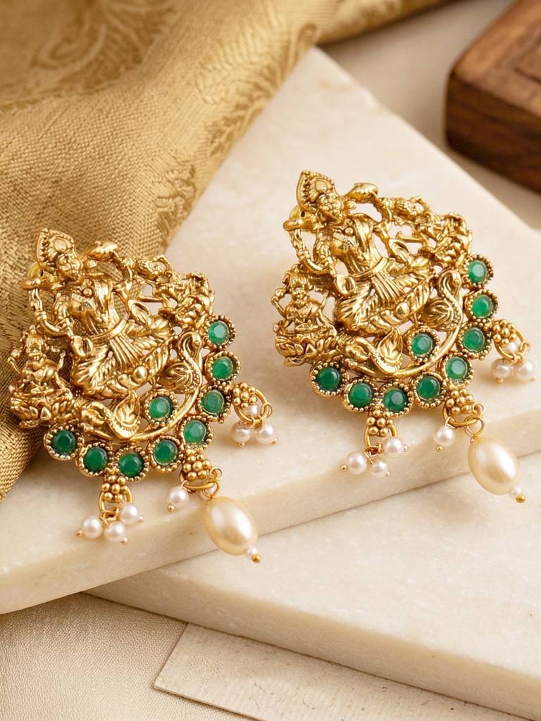 Gold-Plated Temple Jewellery Laxmi Idol Green Color Necklace Set With Earrings For Women | Traditional South  : 660-G2SR-196-G