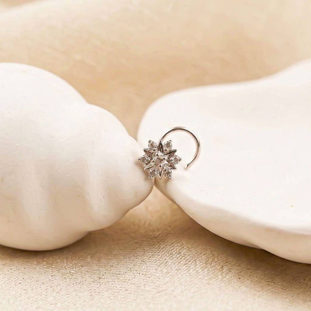 Silver Floral Cluster Cz Nose Pin For Women : ZLNSP-1004