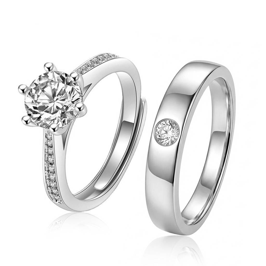 Solitaire & Band Couple Finger Ring Jewellery For Men & Women | Silver Plated | Cubic Zirconia & Crystal Studded |  : PFCCR95S