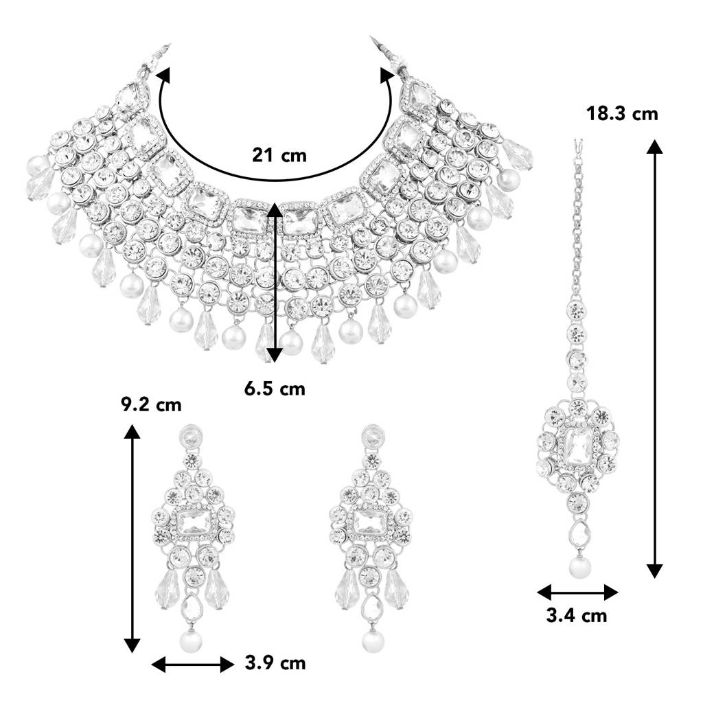 Peora Crystal Choker Necklace With Maang Tikka Earrings Indian Traditional Bridal Wedding Jewellery Set Gift For  : PF25N708RW