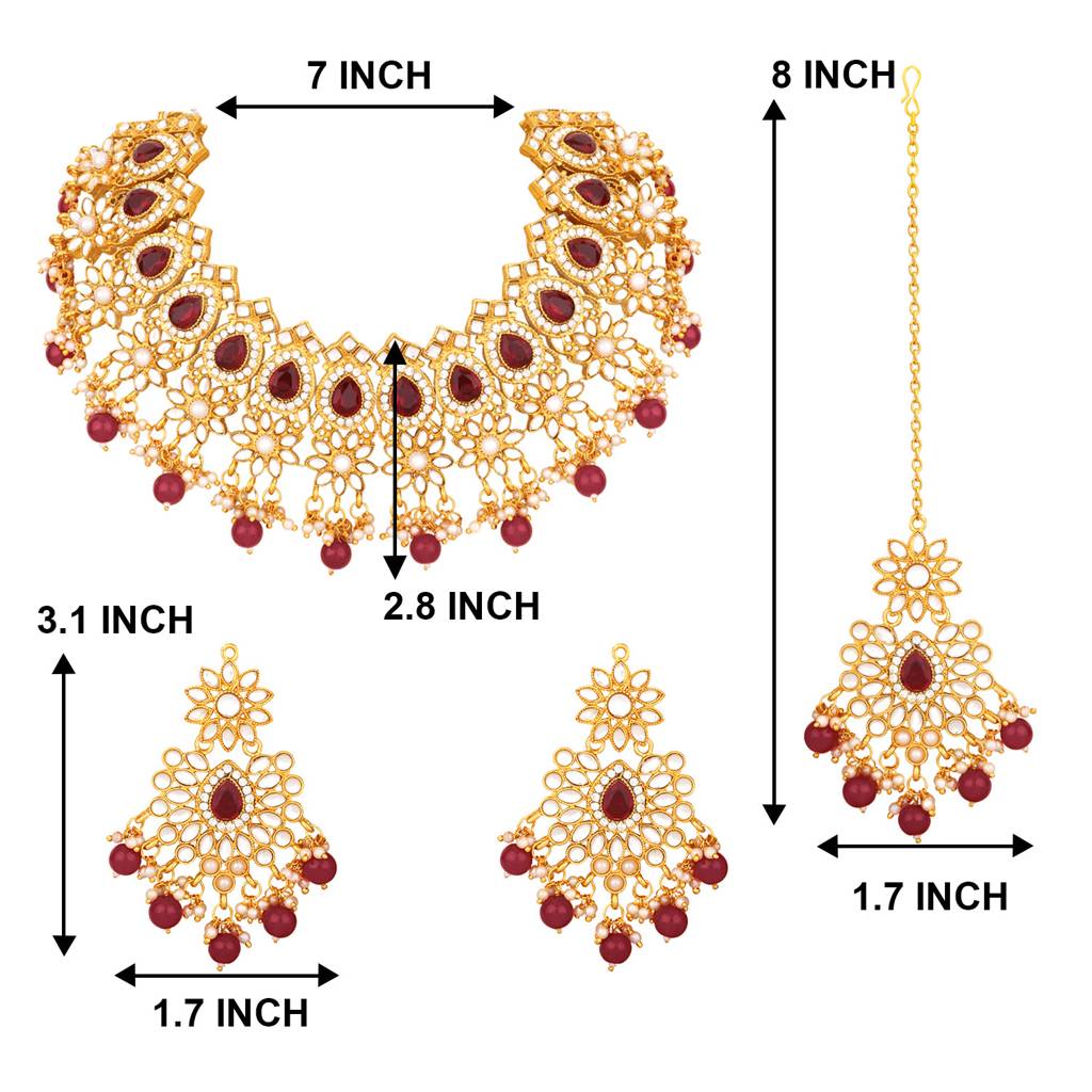 Peora Gold Plated Kundan Dangling Pearls Necklace Earring Maangtikka Jewellery Set For Women : PF28N126M