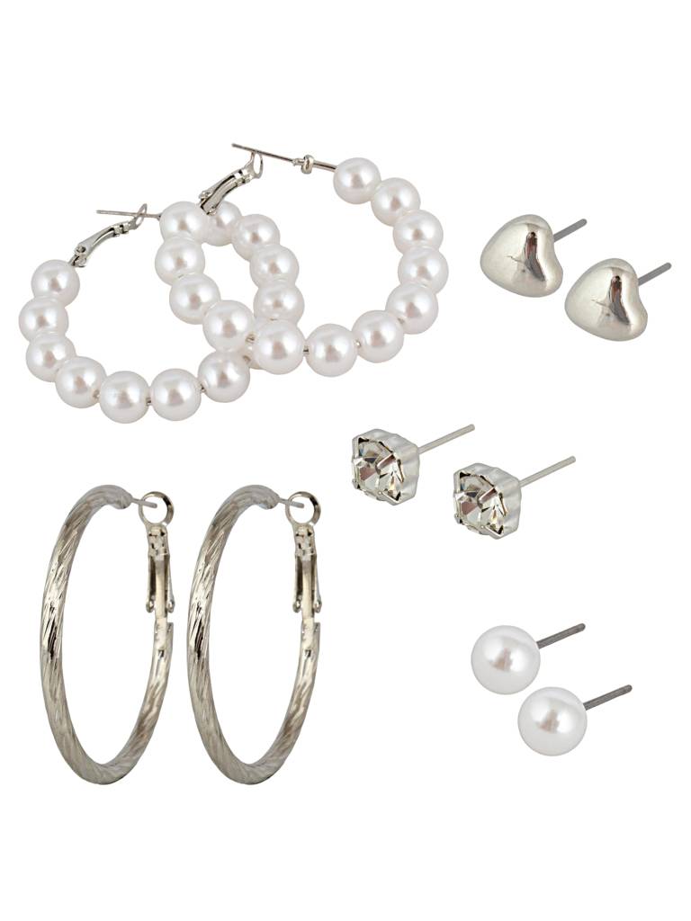 5 Pairs Combo Earrings- Silver Plated Heart Studs And Hoops : 210-CHEX-1189-S-5