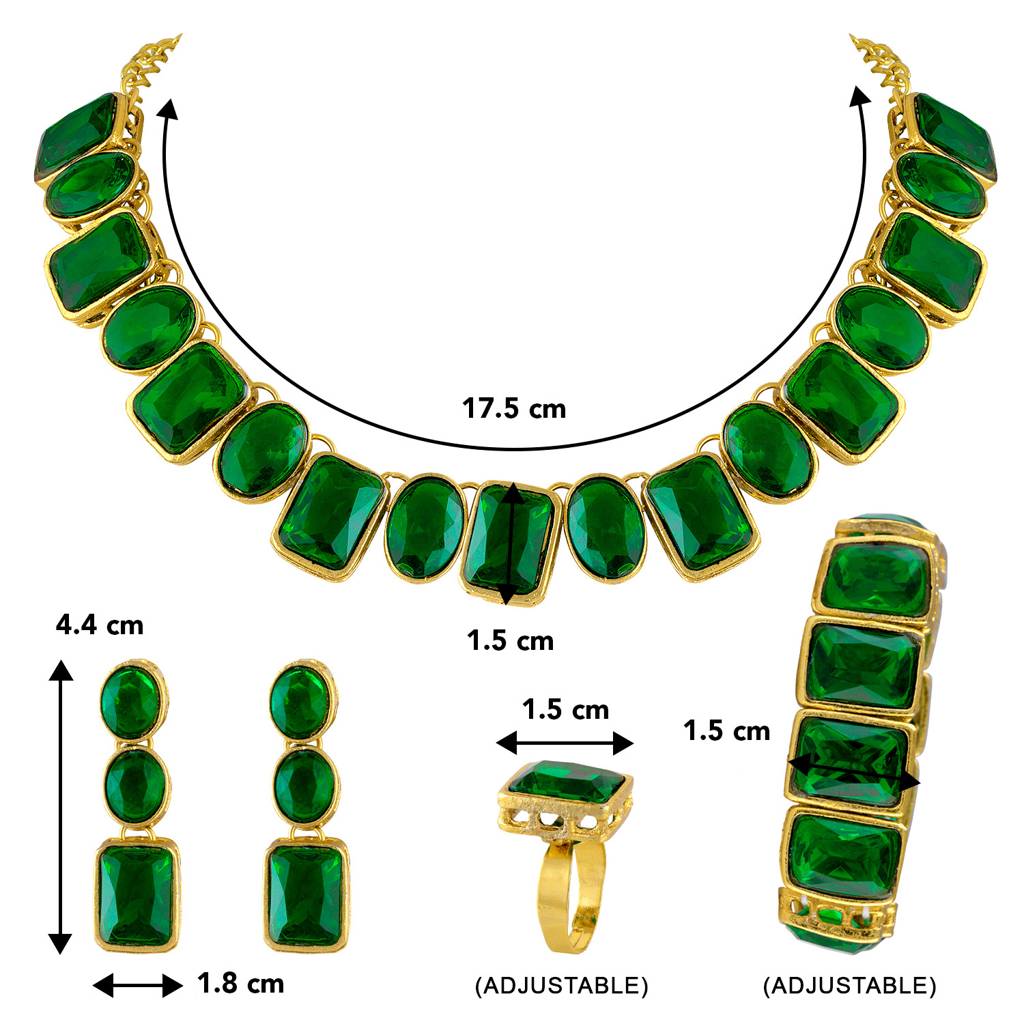 Peora Gold Plated Square Crystal Necklace With Drop Earrings Bracelet Finger Ring Indian Traditional Ethnic Jewelle : PF24N18G