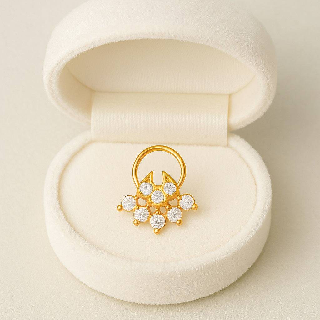 White Cz In Crescent Drop Ethnic Nose Pin - Sterling Silver Gold Plated : NP-00017_925S_YG_WCZ