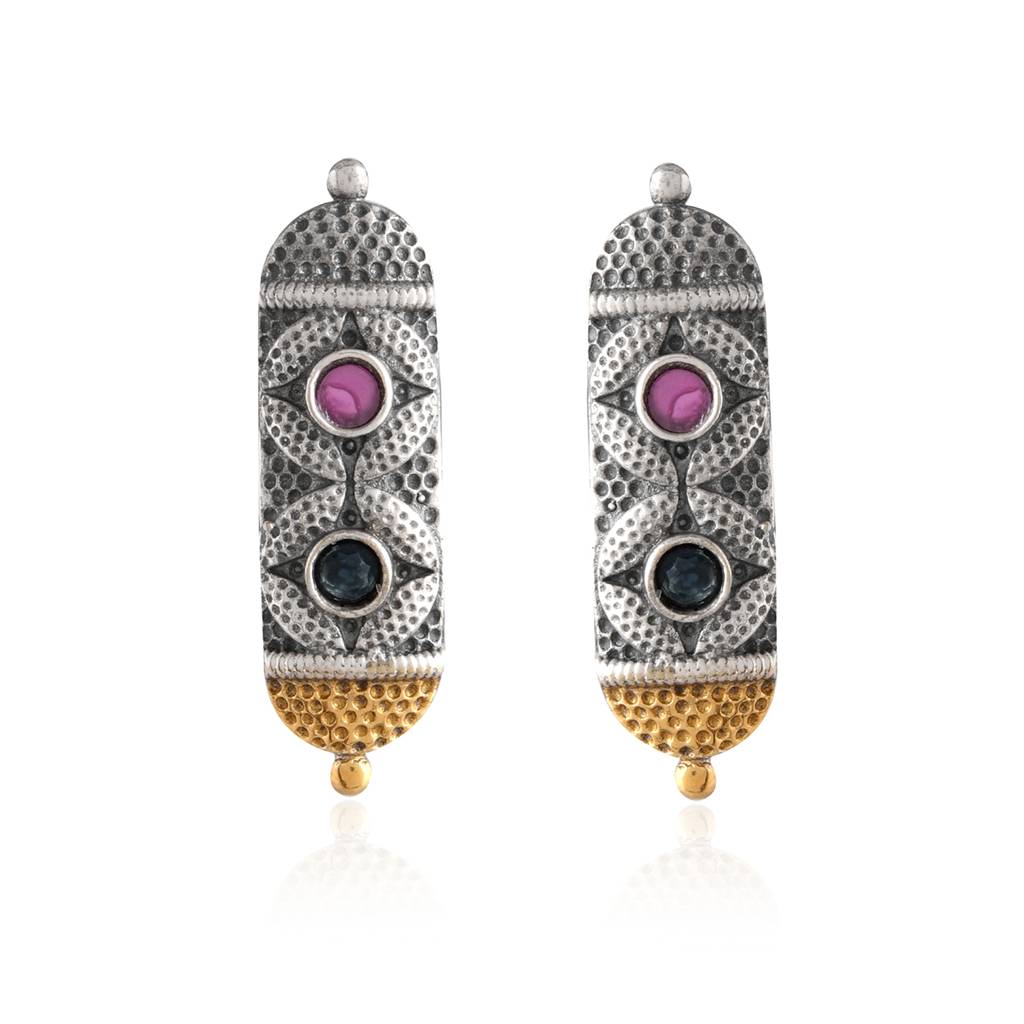 Oxidised Silver-Gold Choker Necklace & Earrings Temple Set - Antique Elegance : 8905124582772