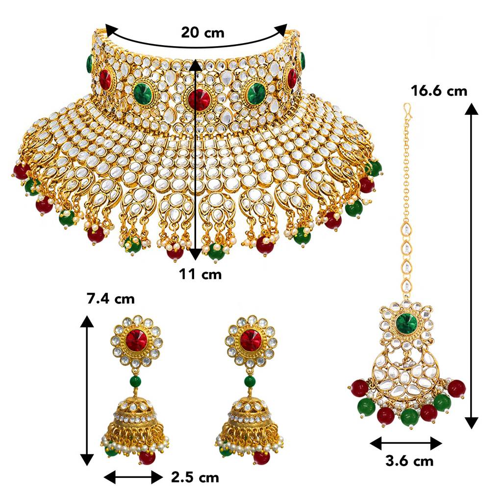 Peora Red & Green Gold Plated Kundan Embellished Handcrafted Jewellery Set For Women Girls : PF26N1295MG