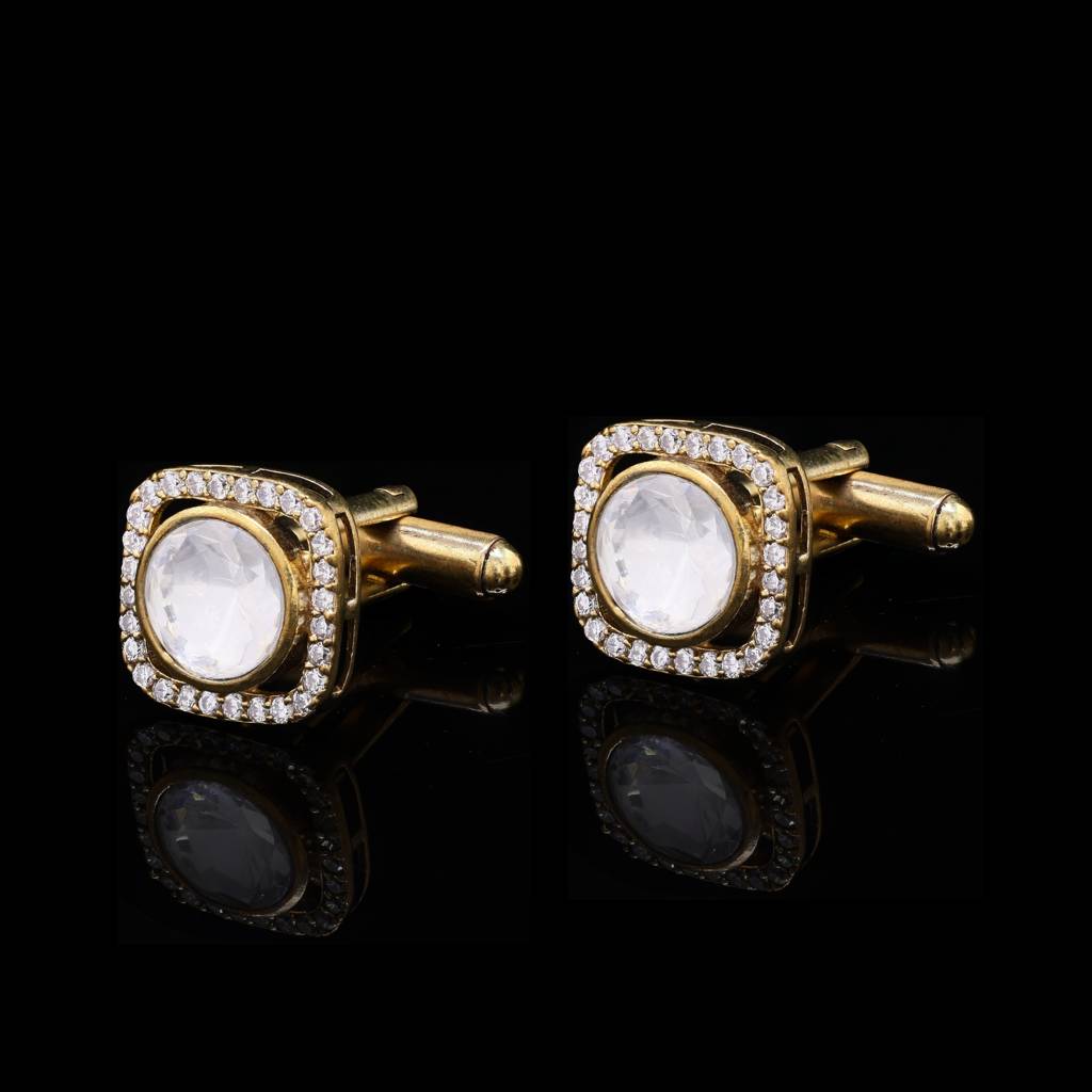 Antique Gold Finish Square Halo Polki Cufflink Pair For Men : 700024_2