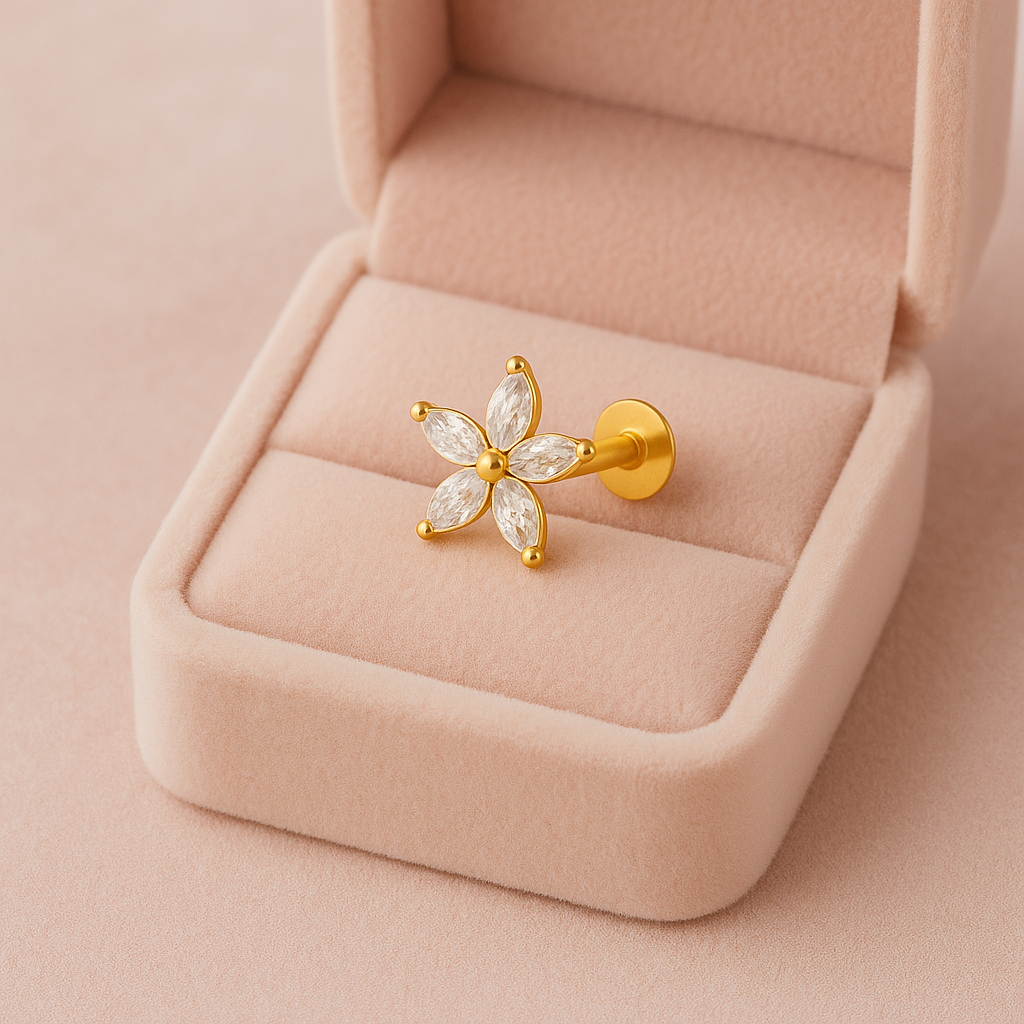 White Cz Marquise Five-Petal Nose Floral Pin 925 Sterling Silver Gold-Plated : NP-0019-N-1-snp-0037