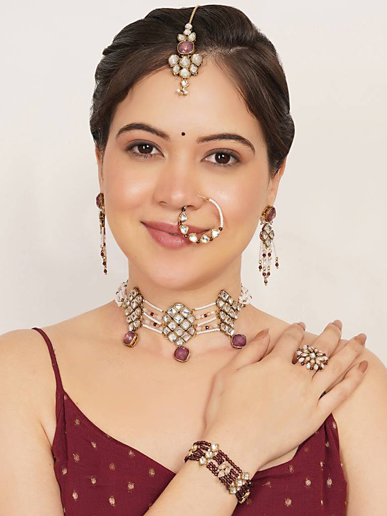 Purple Kundan Paradise Choker Set With Matching Earrings, Ring, Nath, Maangtikka & Bra : ACN514ACE514ACR514ACNT514ACB514ACM007