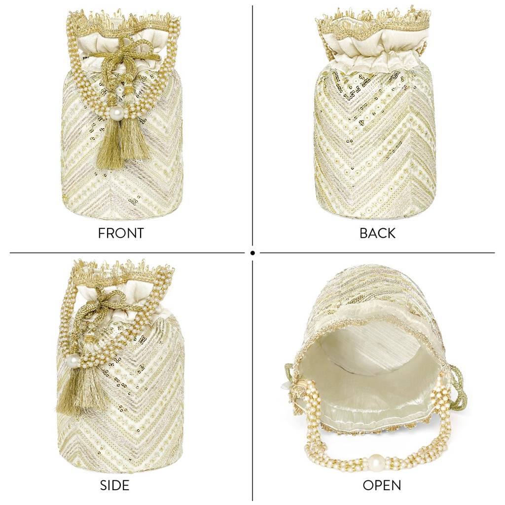 Cream Embellished Potli Bag Ethnic Wristlet Purse For Women & Girls : P190CRM-S