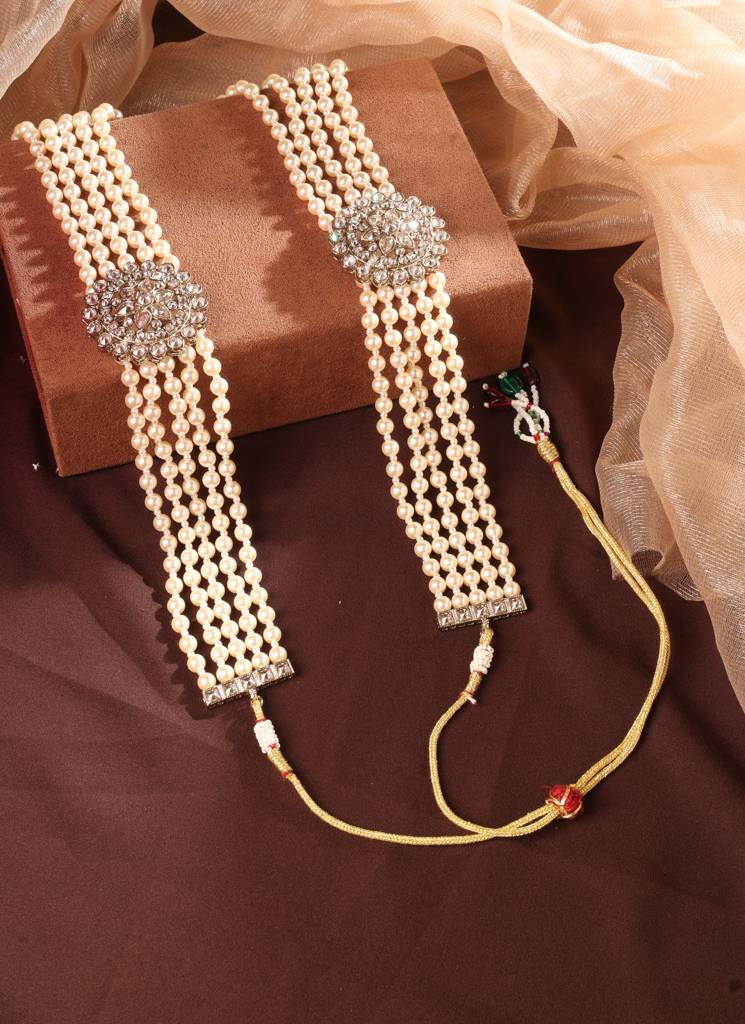 Pleasant Flower Design Pearl 5 String Brown Stone Kundan Antique Gold Plated Long Haram Necklace Mala For Women  : 6ML13_WHITE