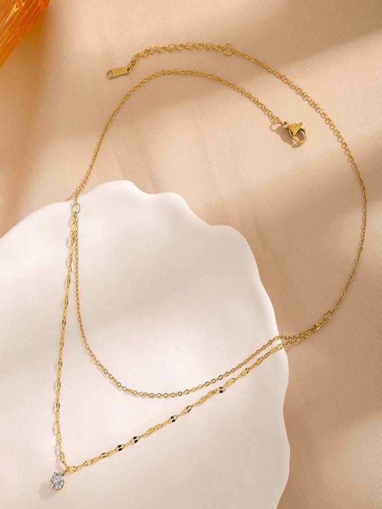 Minimal Zircon Layered Necklace 18K Gold Plated Anti-Tarnish : AHM0126N011