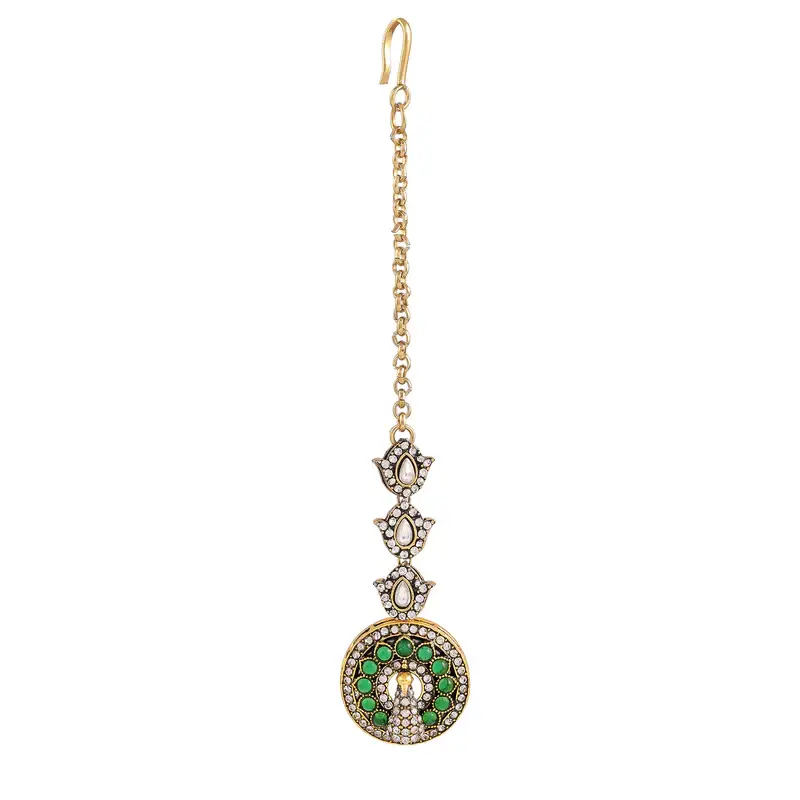 Kanak Dhara Emerald Temple Necklace Set With Maang Tikka : OSJJ-016-IG-NKERTK