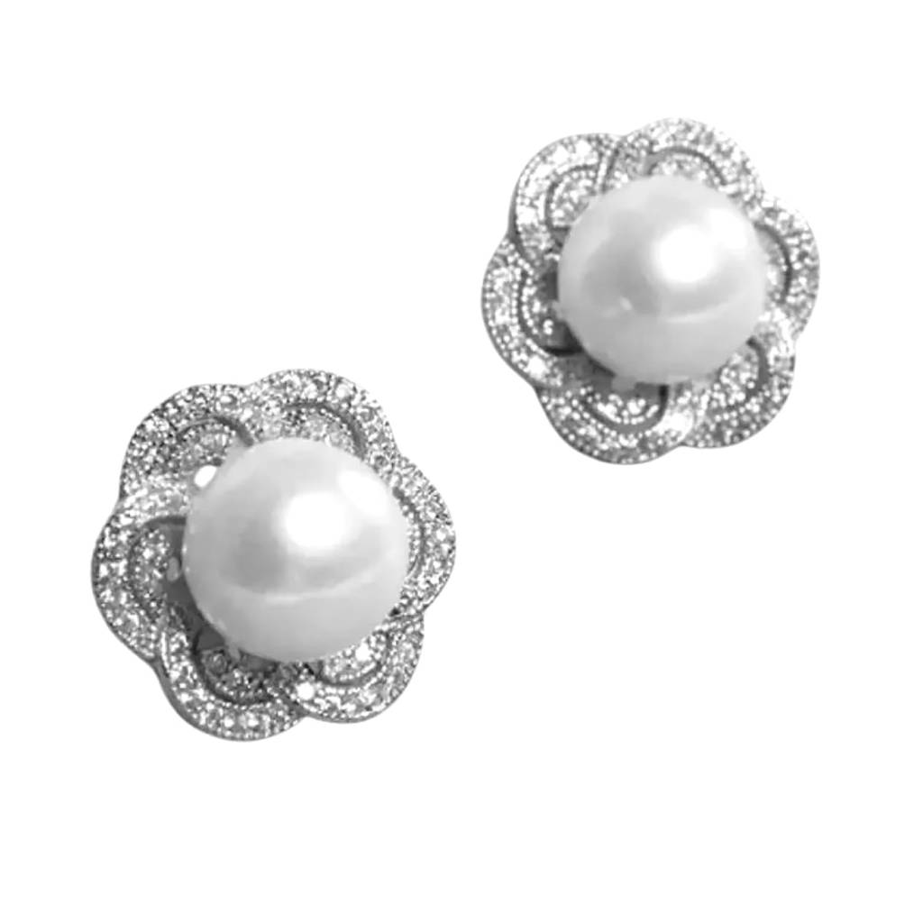 Silver Plated Cz & Pearl Studded Floral Shaped Stud Earrings Fashion Jewellery Gift For Women & Girls : PX9E3020W