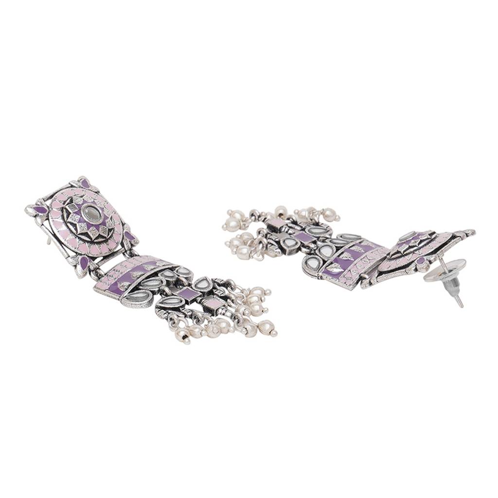 Festive Hues Faux Pearls And Mirror Work Oxidised Silver Plated Brass Jewellery Set : 8905124466232