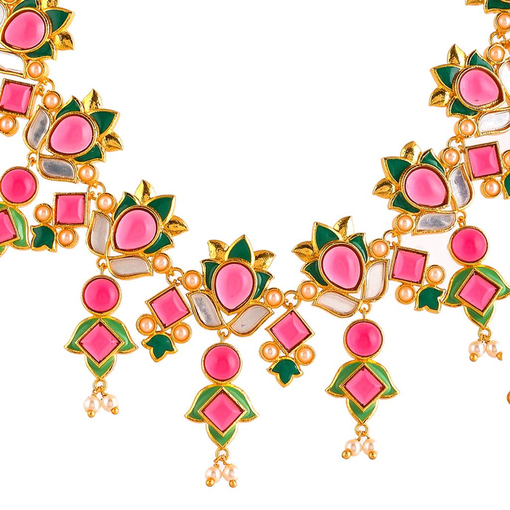 Forever More Green Enamel Tulips Red Stones And Pearls Jewellery Set : 8905124498165