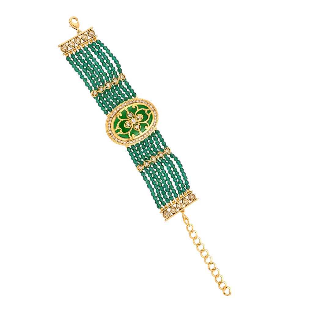 Kundan Opulance Green Cz-Pearl Beaded Yellow Gold-Plated Bracelet : 8905124585421