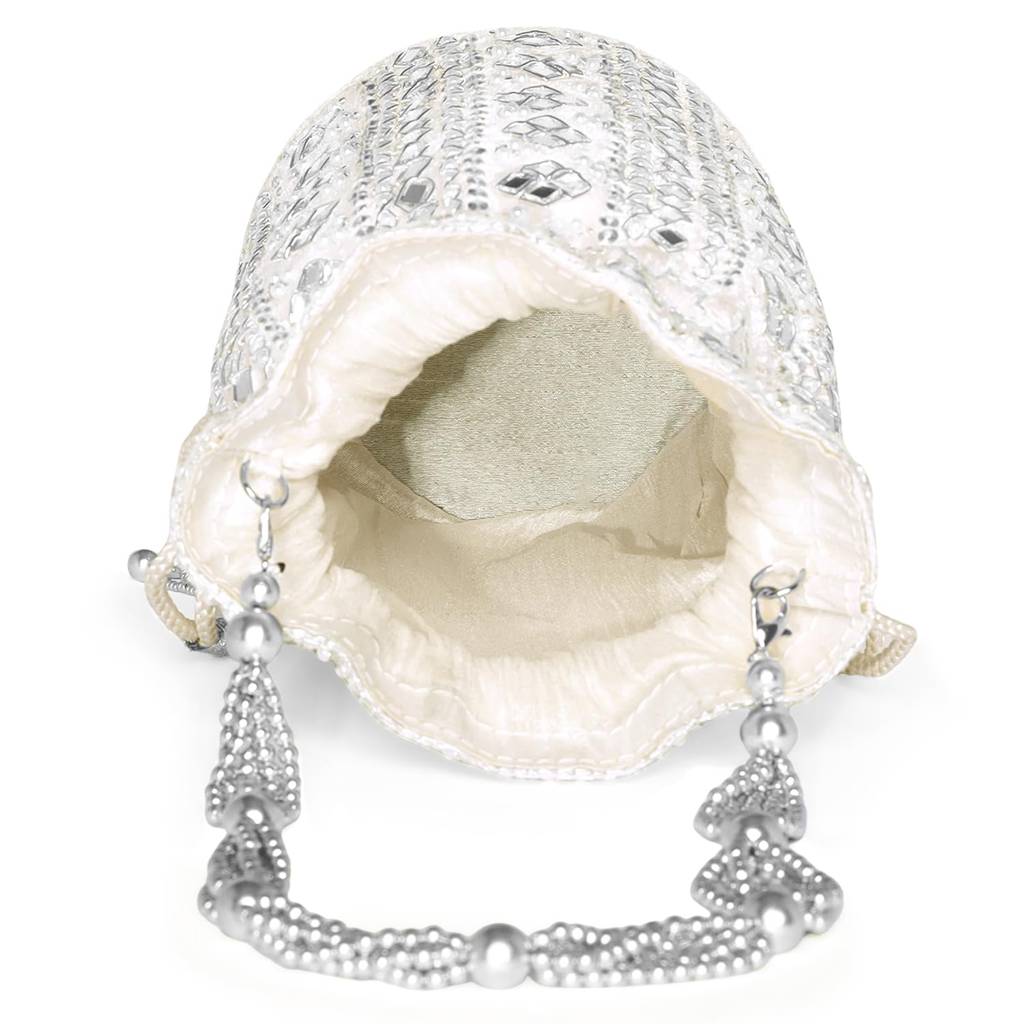 White Embellished Potli Bag Handbag Wristlet Purse For Women & Girls : P25W