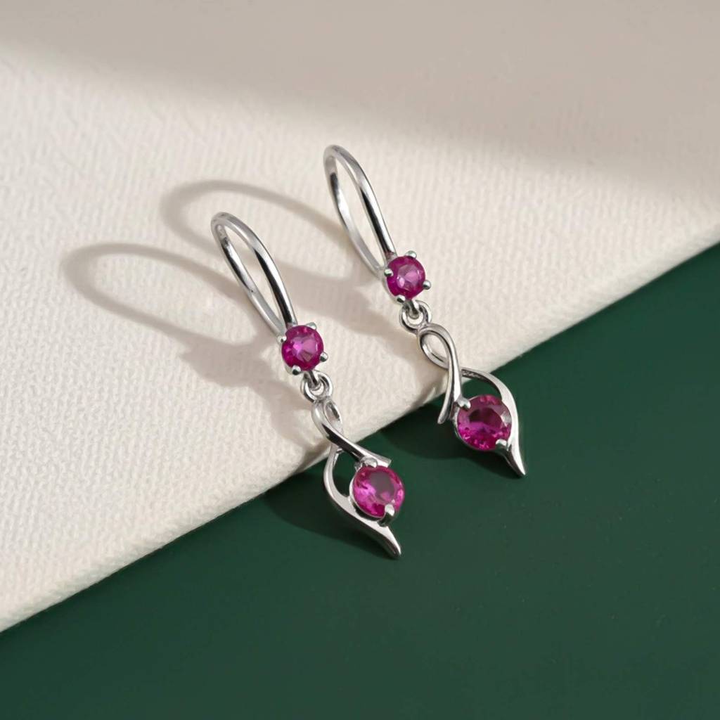 Silver Pink Ruby Twist Drop Earrings : ZLE-1188