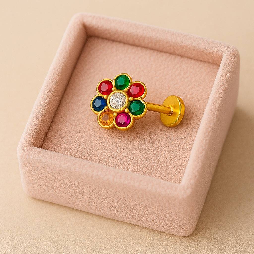 White Cz Center Navratna Floral  Nose Pin 925 Sterling Silver Gold-Plated : NP-0033-N-1-snp-0023