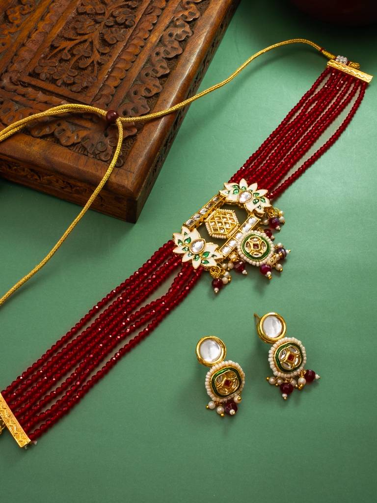 Deep Red Multi-Strand Crystal Bead Kundan Choker Necklace Set With Meenakari Stud Earrings : NK4350