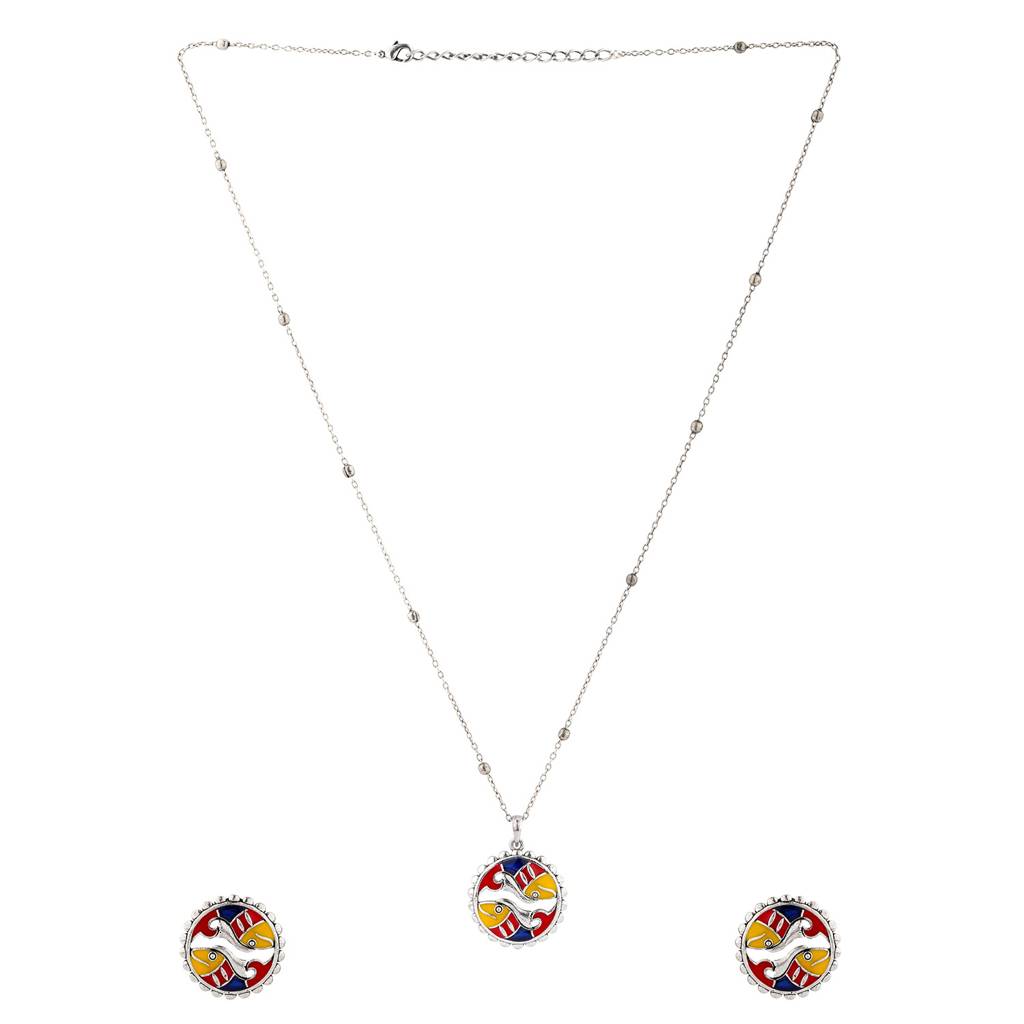 Madhubani Madhur Matsya Oxidised Enamel Pendant Set : 8905124560824