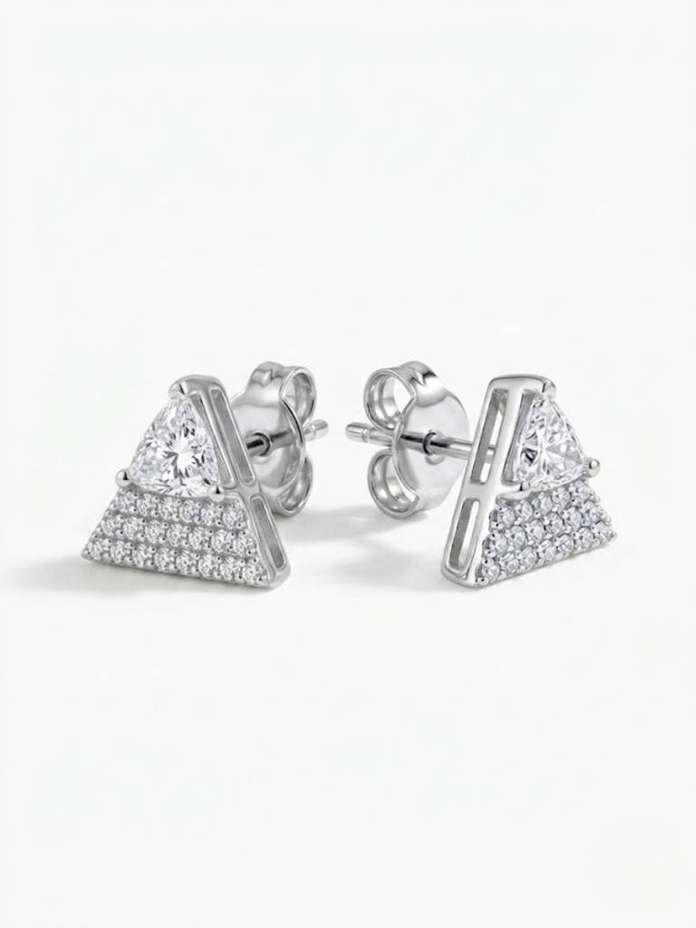 925 Silver Triangle Sparkle Stud Earrings For Women : E-14
