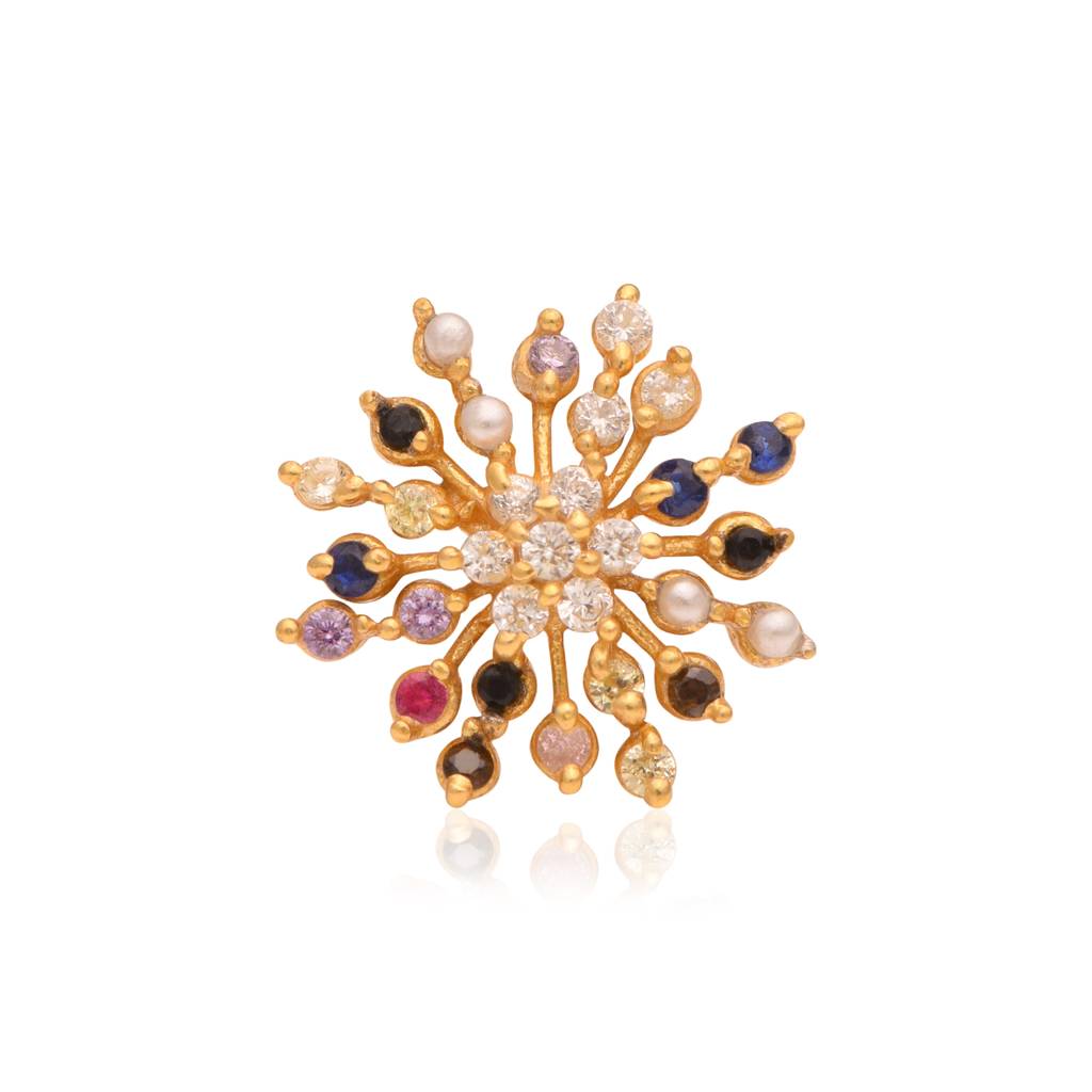 Navratan Multi-Stone Starburst Floral Nose Pin 925 Sterling Silver Gold Plated : NP-00268-SW277_HSM-NP-AUG-33013_925S_YP_NVT