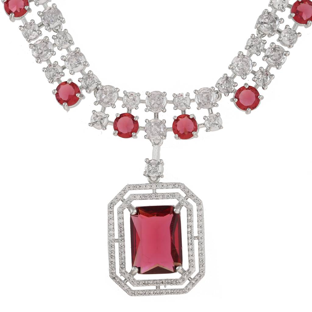 Sparkling Elegance Eternal Love Red American Diamond Necklace Set : 8905124541656