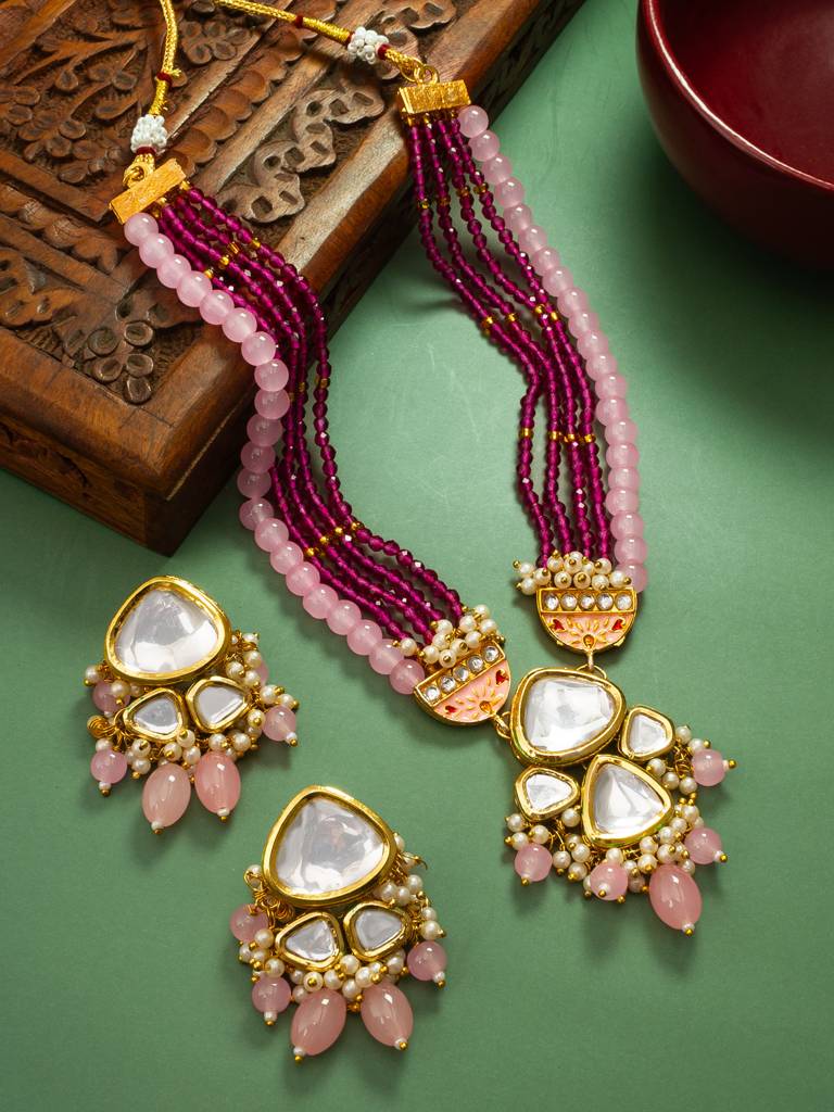 Multi-Strand Kundan Necklace Set With Earrings : NK4352